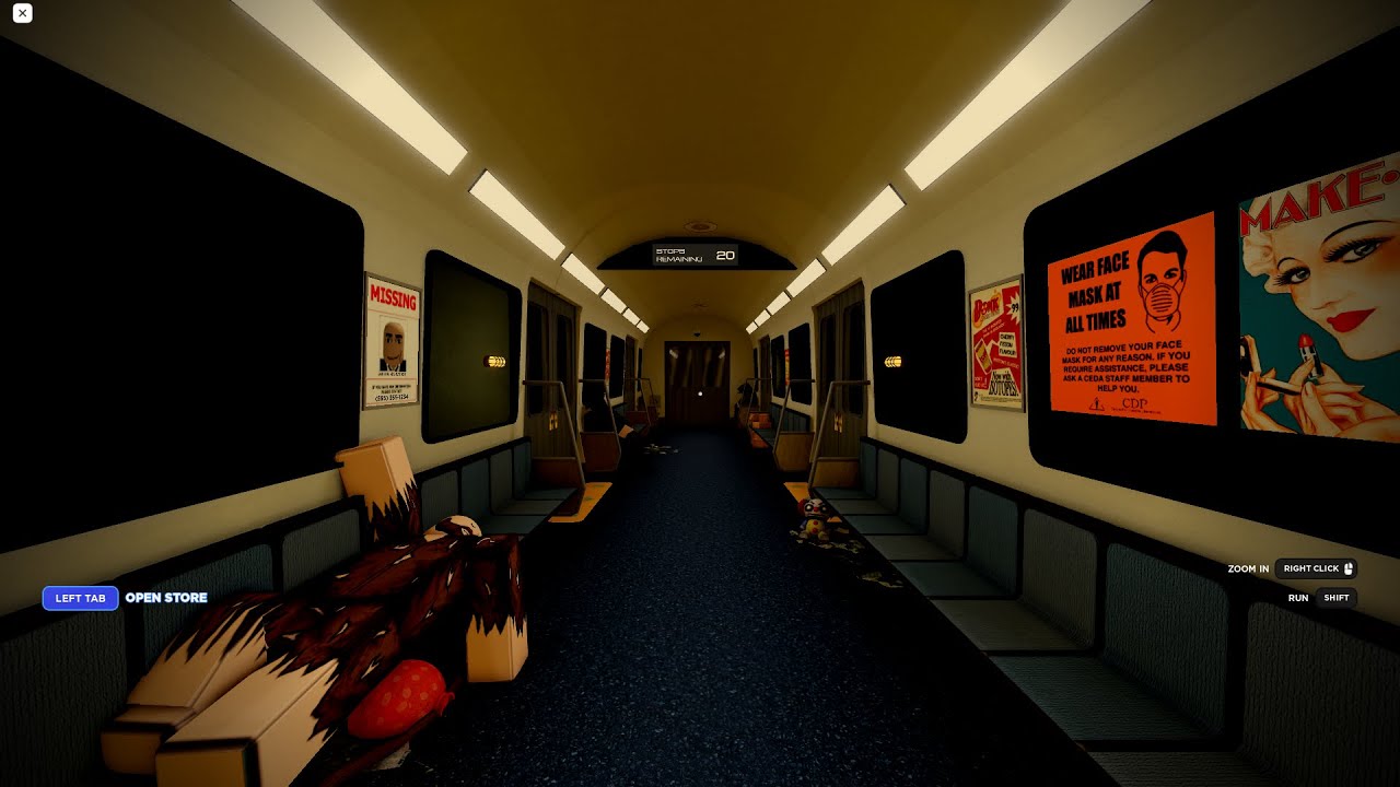 Last Stop Cart 20 aisle with fluorescent lights, a sleeping passenger, posters, and a clown on the floor