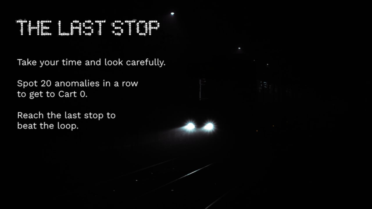 Last Stop title card on a dark railway with train headlights and the Cart 0 win condition